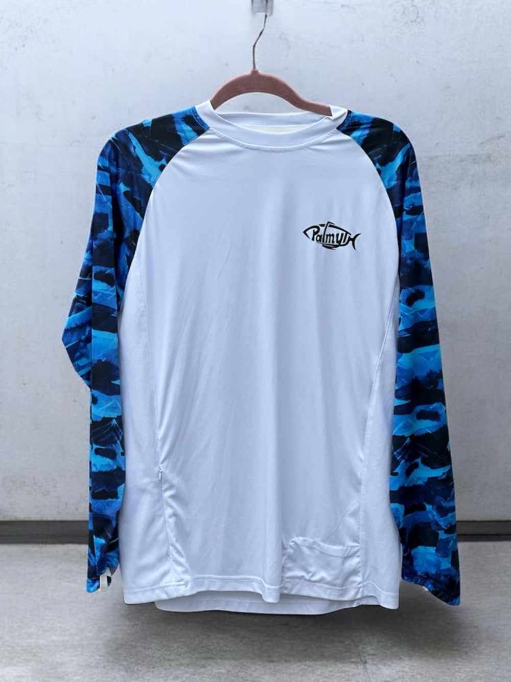 Men’s White/Blue Camo Sleeves- Fishing/ Boating Shirt- Swordfish Design- medium